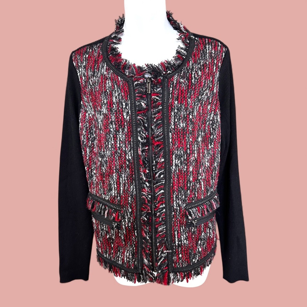 Cache NWT‎ tweed fringe zip front jacket black red white knit sleeves XL